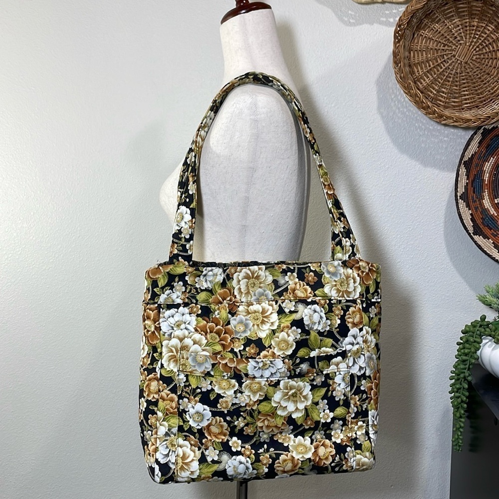 Handmade Floral Quilted Tote Bag Purse Black Gold White Green Gray Cottagecore